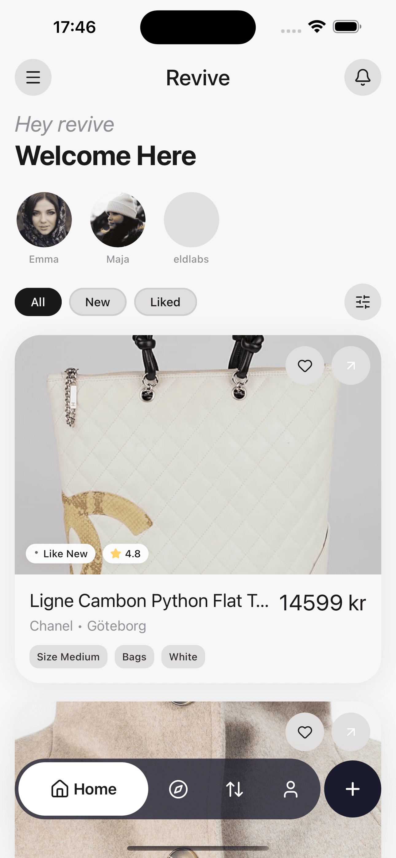 Revive app home feed showing listings and the bottom navigation